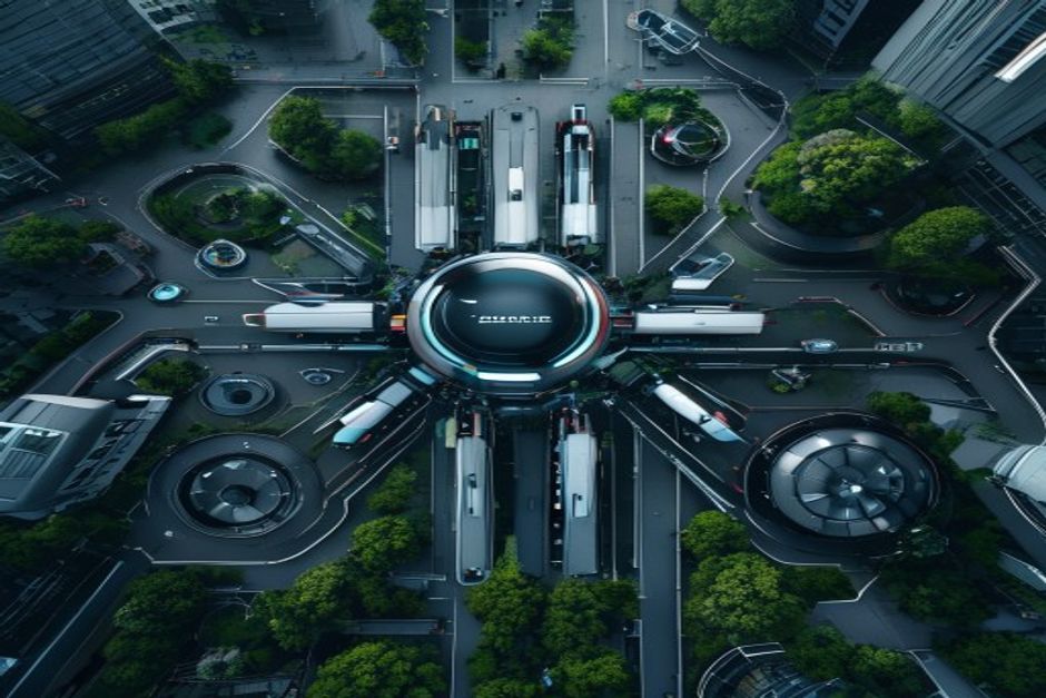 Futuristic EV battery factory drone view